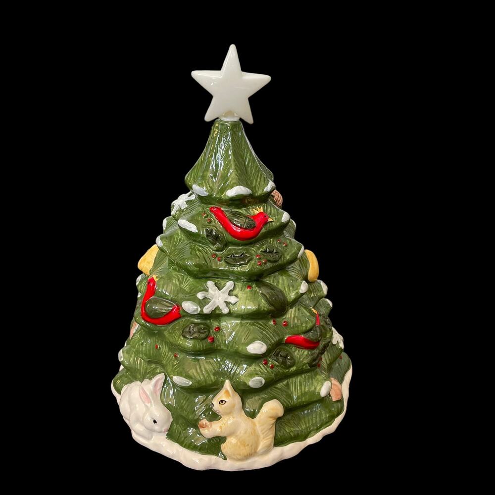 Vintage Christmas Tree Cookie Jar Musical Light on Star Ceramic Holiday Woodland